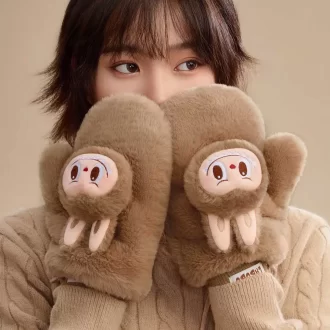 Serie navideña cálida y esponjosa: guantes de peluche LABUBU